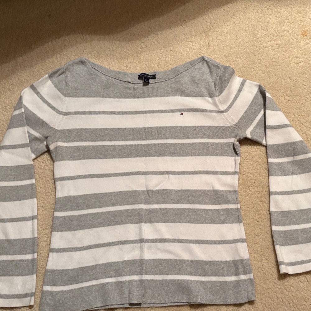 Tommy Hilfiger Gray and White Off-the-Shoulder Thin Long Sleeve Sweater
